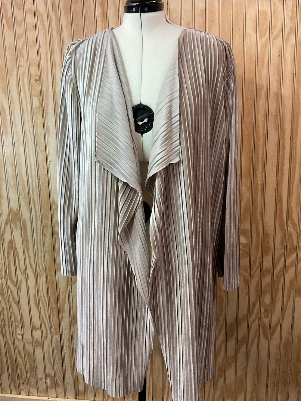 Chico's Shimmery Taupe Pleated Open-Front Duster